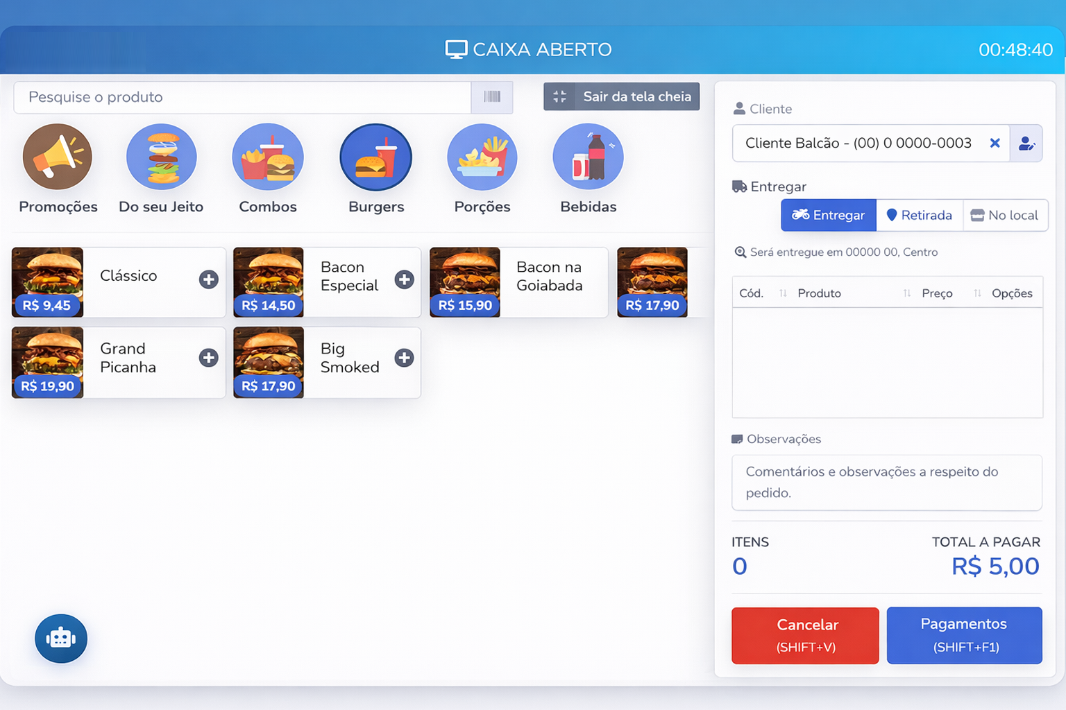 Tela de pedidos do sistema Martinhão Sistemas 